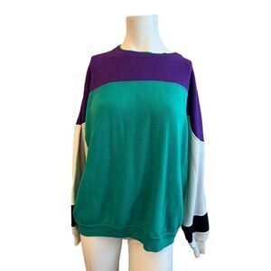 Ladies Large Fleece Sweatshirt Purple Green Colorblock Vtg Trend Basics Pullover